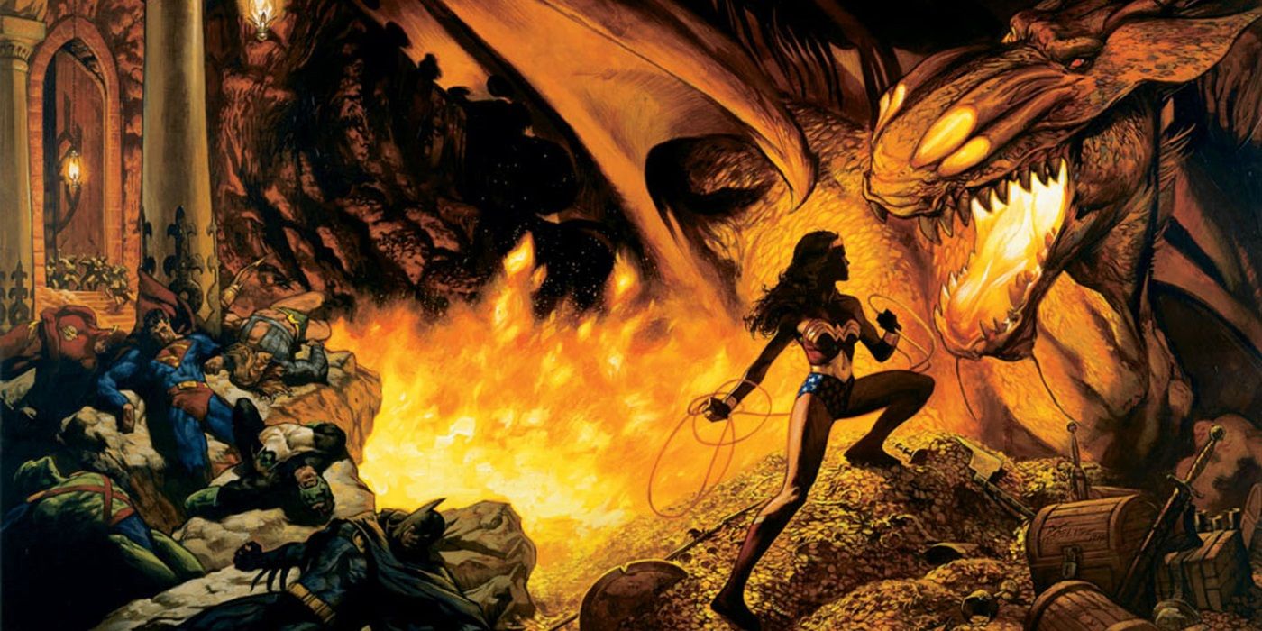 JLA A League of One cover art with Wonder Woman facing a dragon