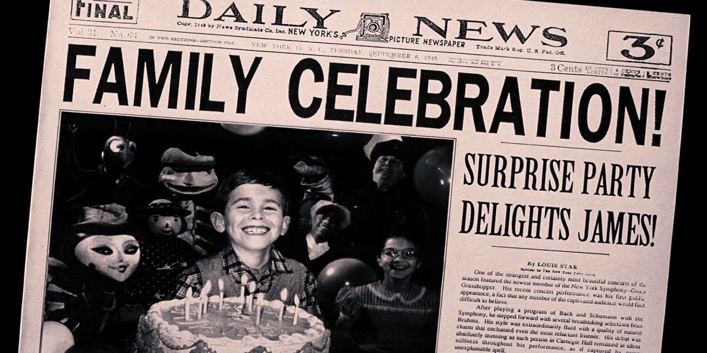 Image from James and the Giant Peach with a newspaper showing James's happy ending.
