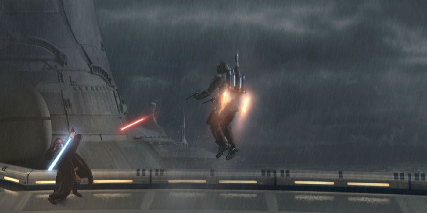 Jango Fett battles Obi-Wan Kenobi in Star Wars Attack of the Clones