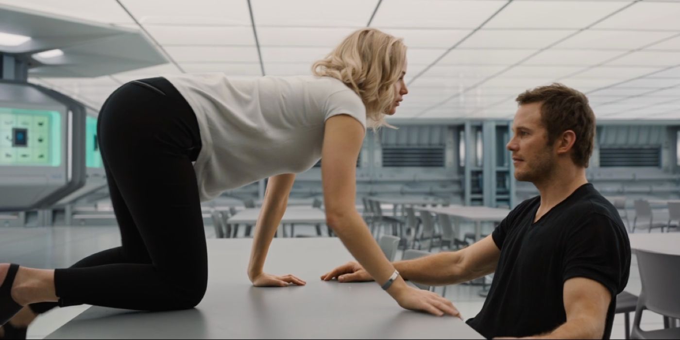 Jennifer Lawrence crawls over a table to Christ Pratt in Passengers