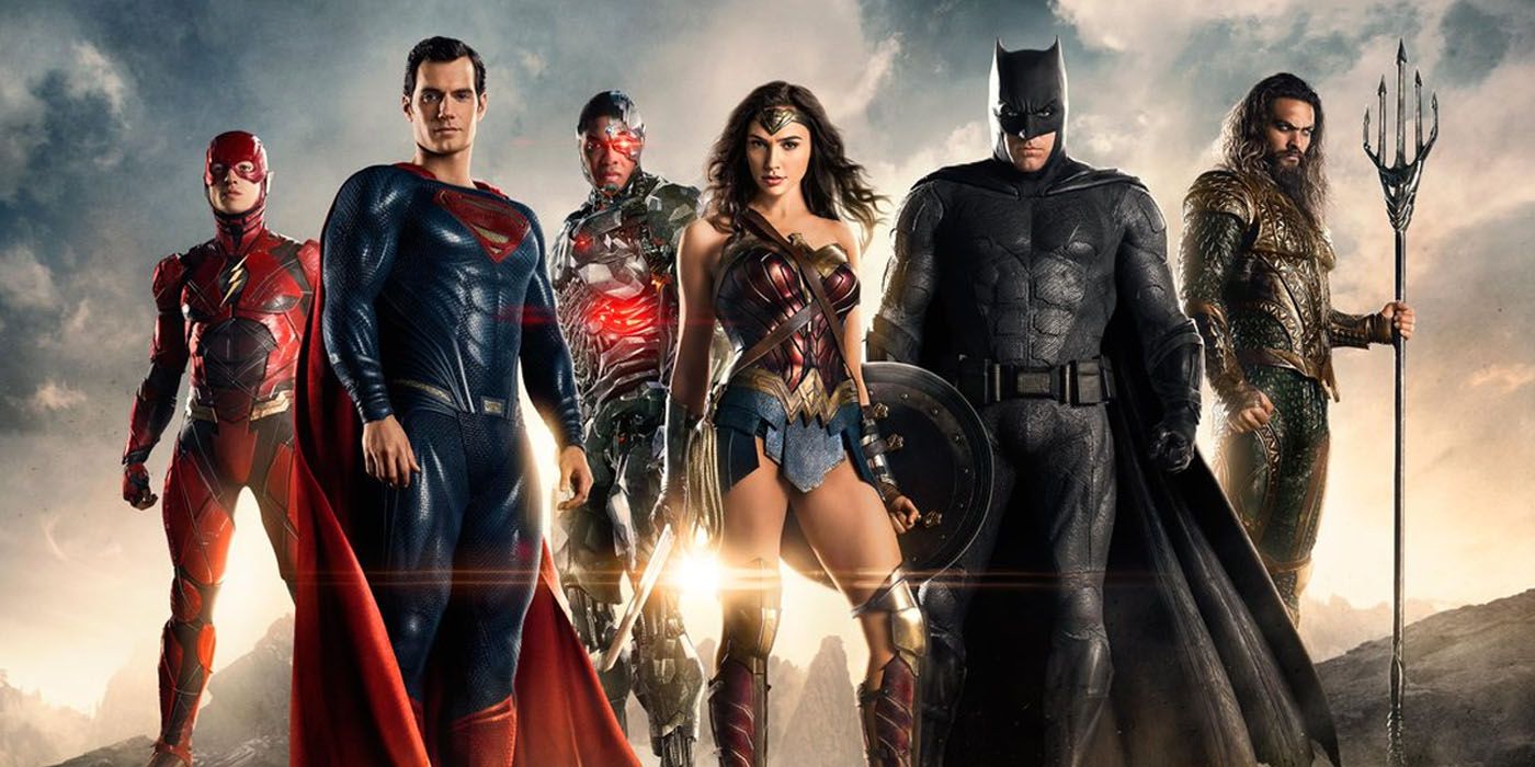Banner for Justice League featuring Flash, Superman, Cyborg, Wonder Woman, Batman, Aquaman