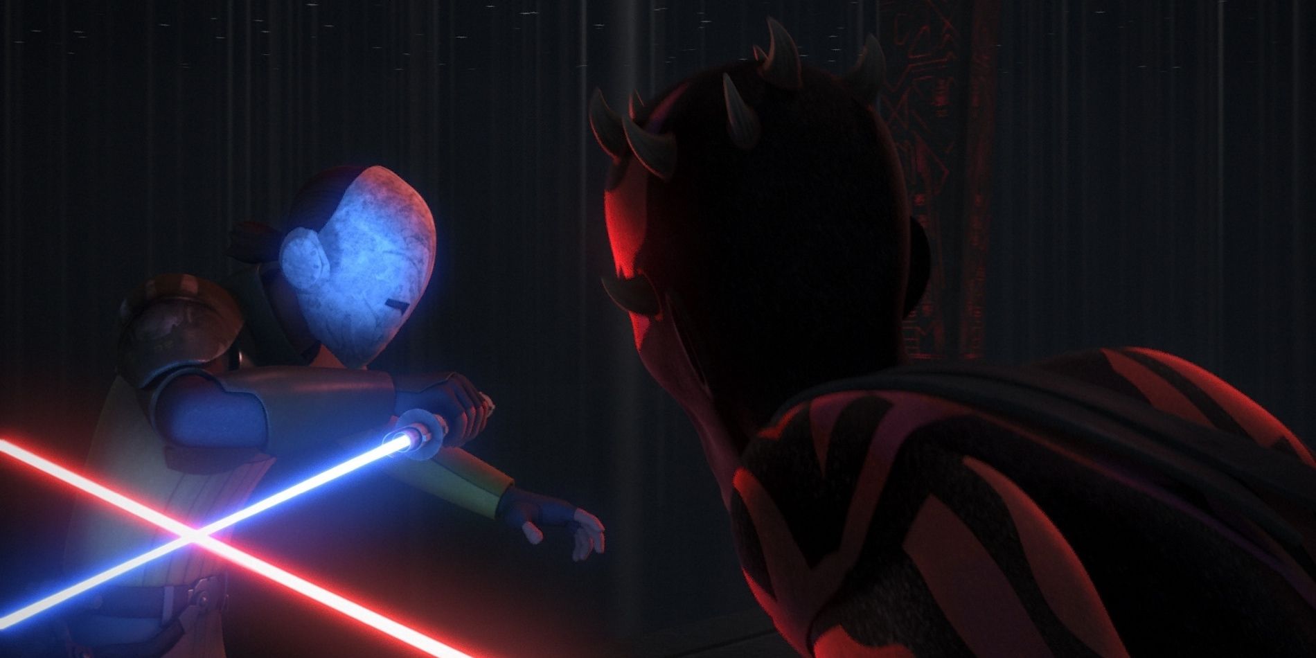 Kanan fights with Maul after he gets blinded on Malachor in Star Wars Rebels