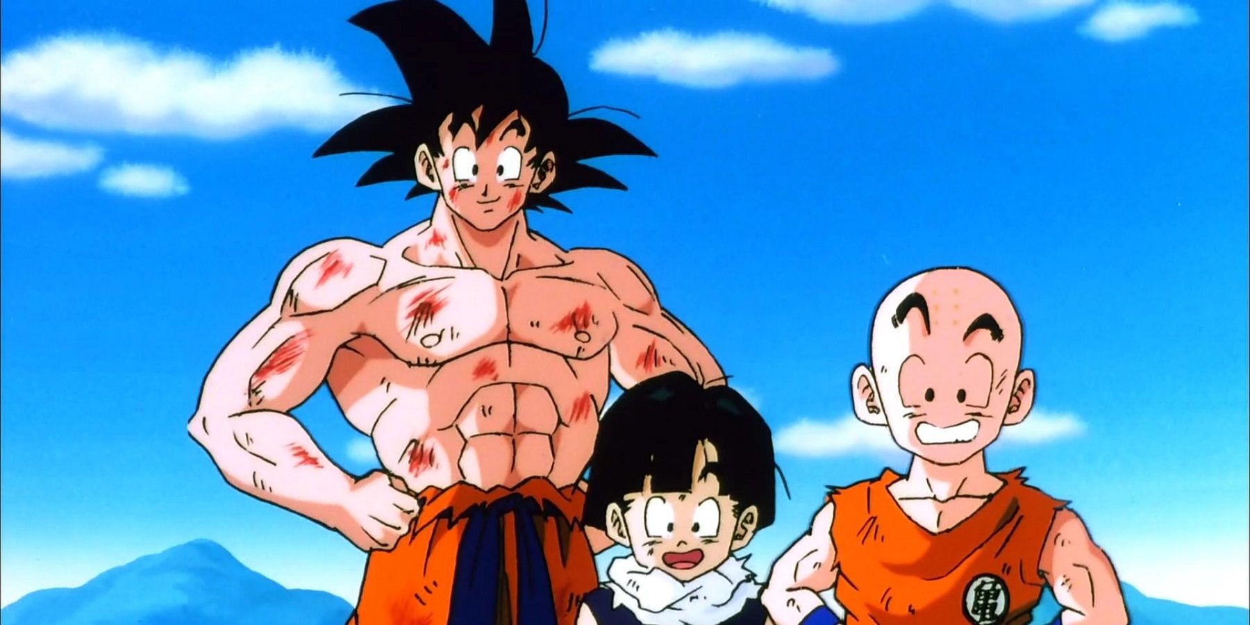 Krillin, Goku, and Gohan after a fight in Dragon Ball Z