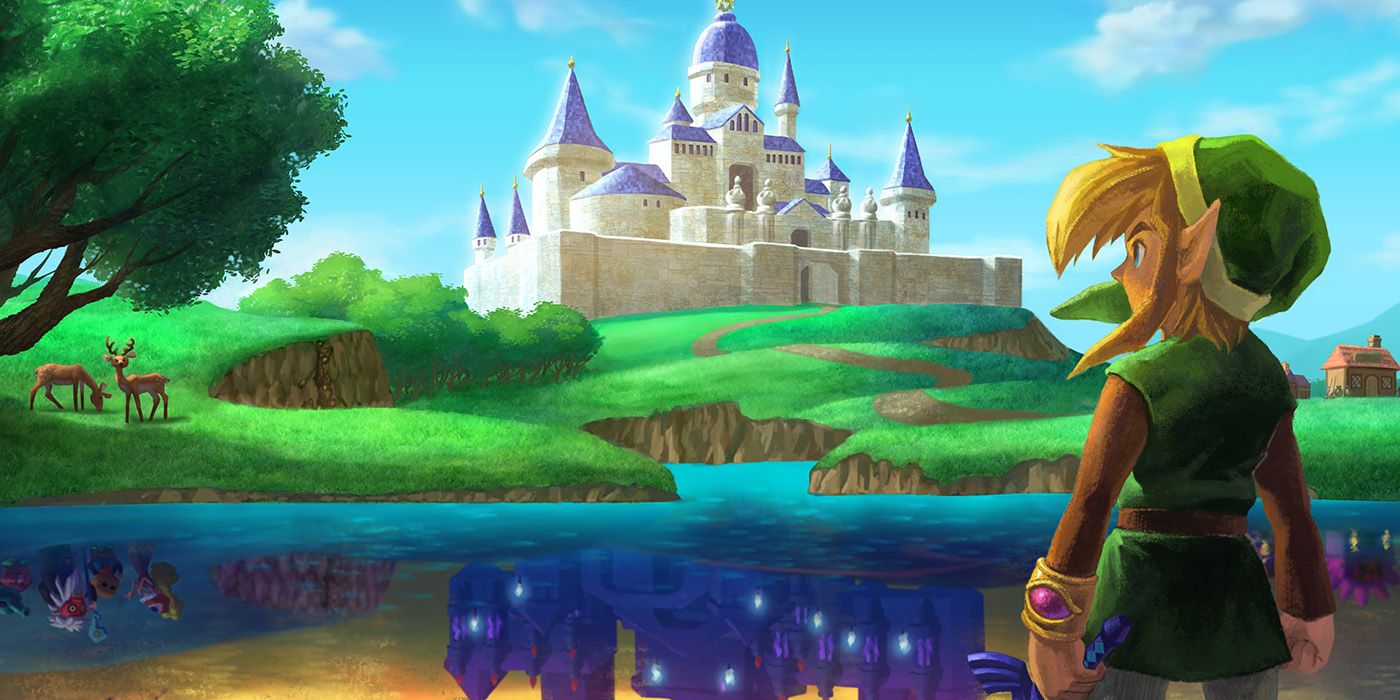 Link overlooking Hyrule Castle and its dark reflection in a lake in artwork for A Link Between Worlds.
