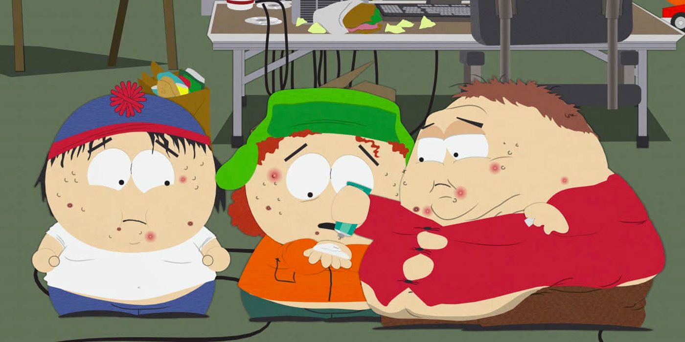 Stan, Kyle, and Cartman looking worried in South Park.