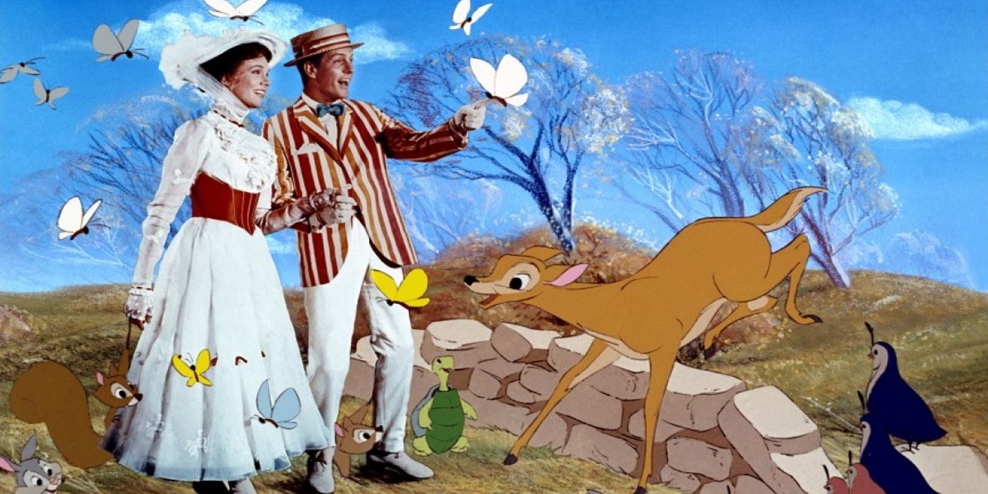 Mary Poppins wanders around an animated world with animated animals in Mary Poppins