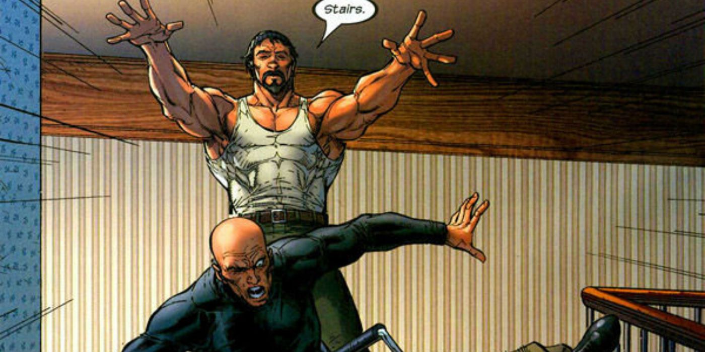 Mr Sinister pushes Professor Xavier down stairs