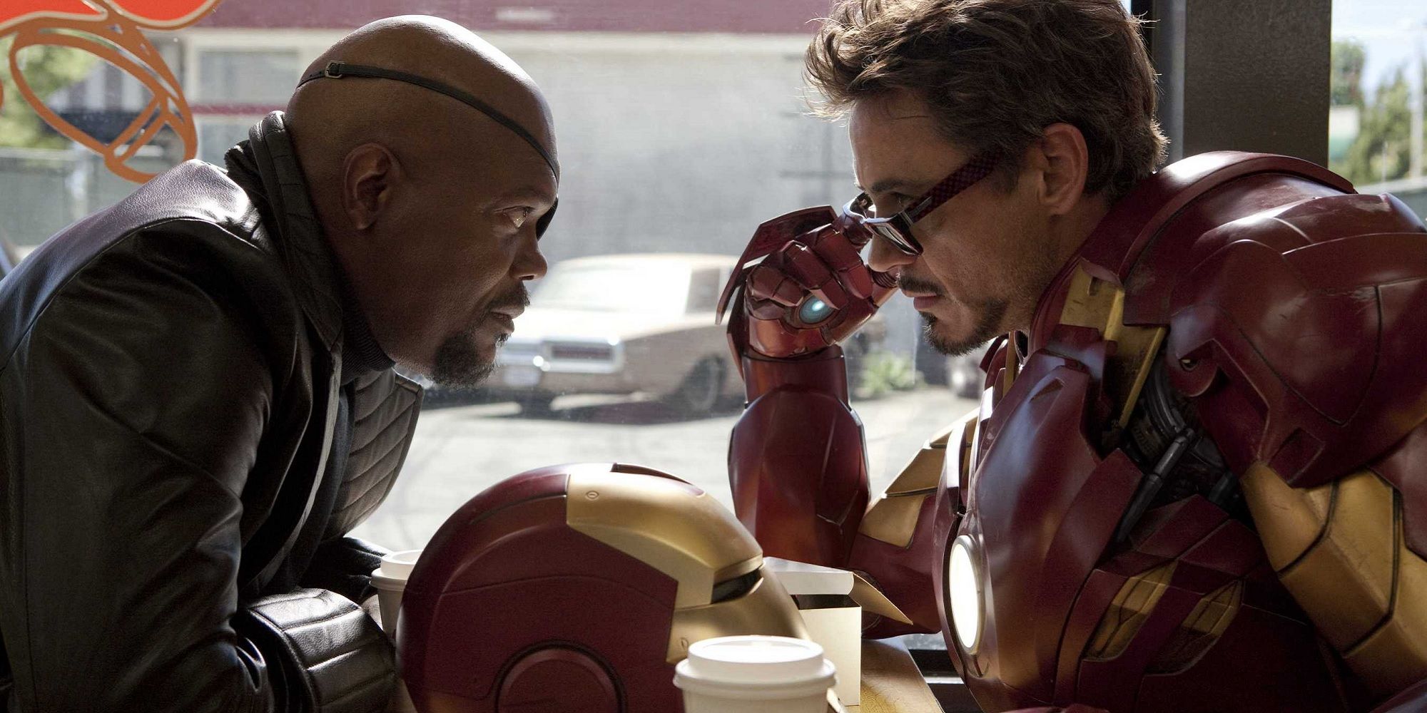 Nick Fury and Tony Stark in Iron Man 2 in the diner