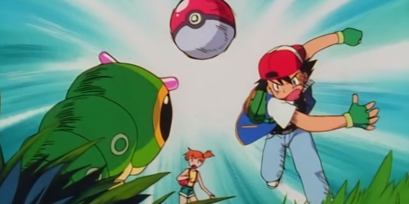 Ash throws a PokéBall at Catepie in the Pokémon anime