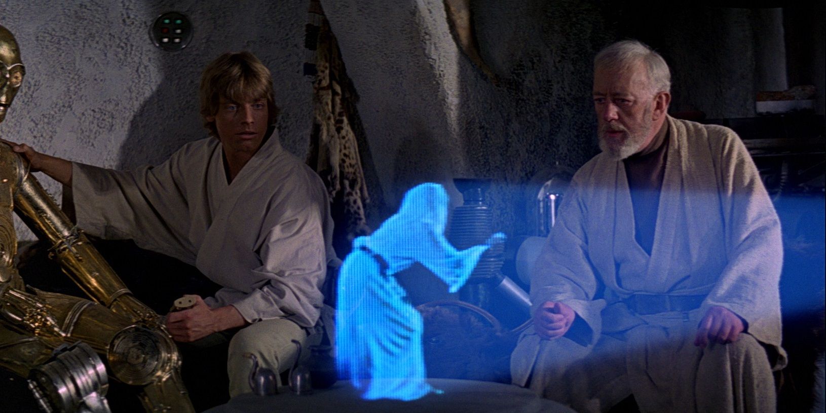 Obi-Wan and Luke watch Princess Leia's hologram in A New Hope