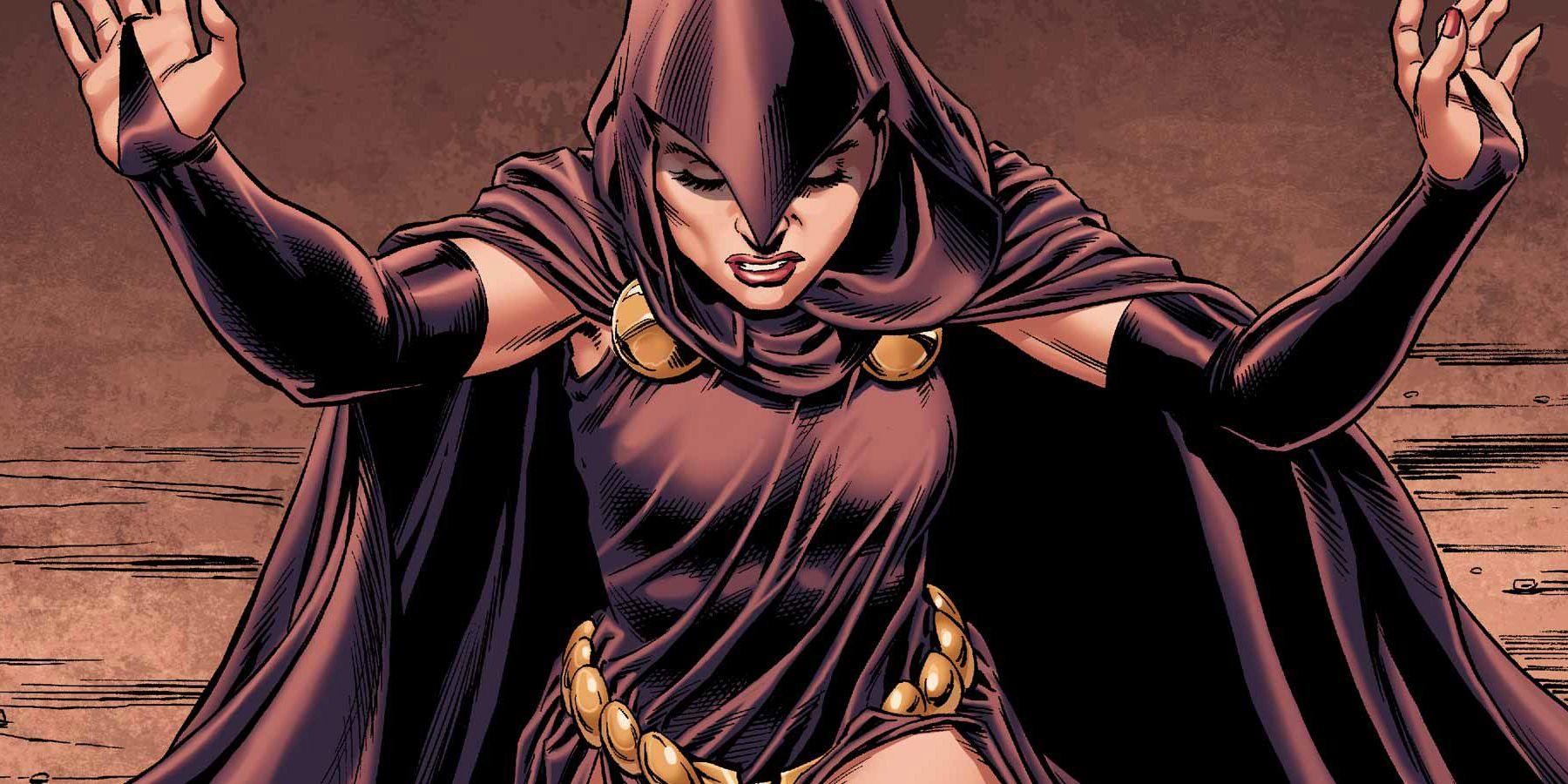 Rachel Roth standing with her arms out as Raven in DC Comics