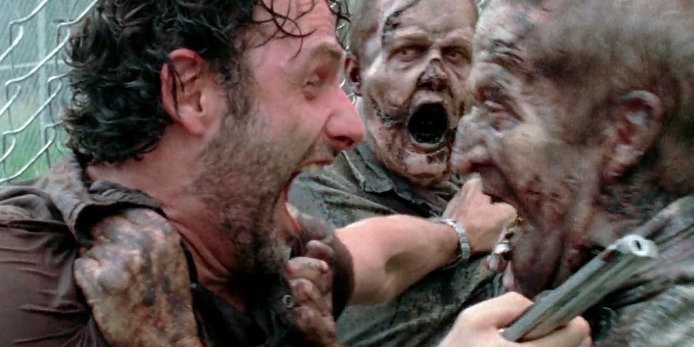 Rick with his mouth open in The Walking Dead