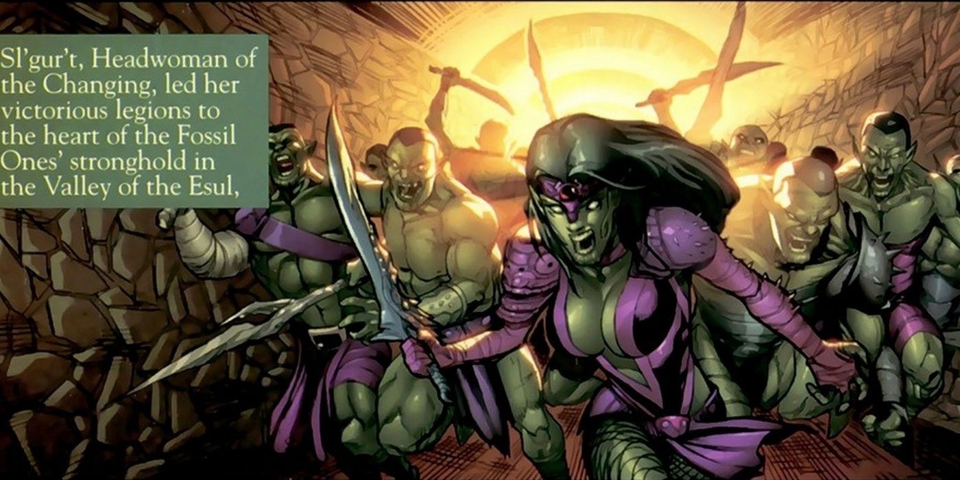 Skrulls and the Warrior Princess Sl'gur't destroy other Skrull races.