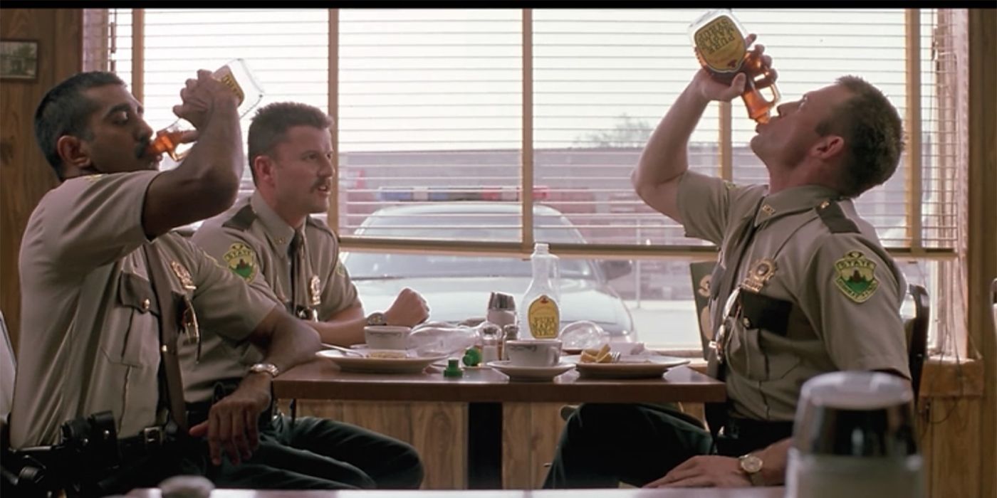 The Super Troopers chugging maple syrup