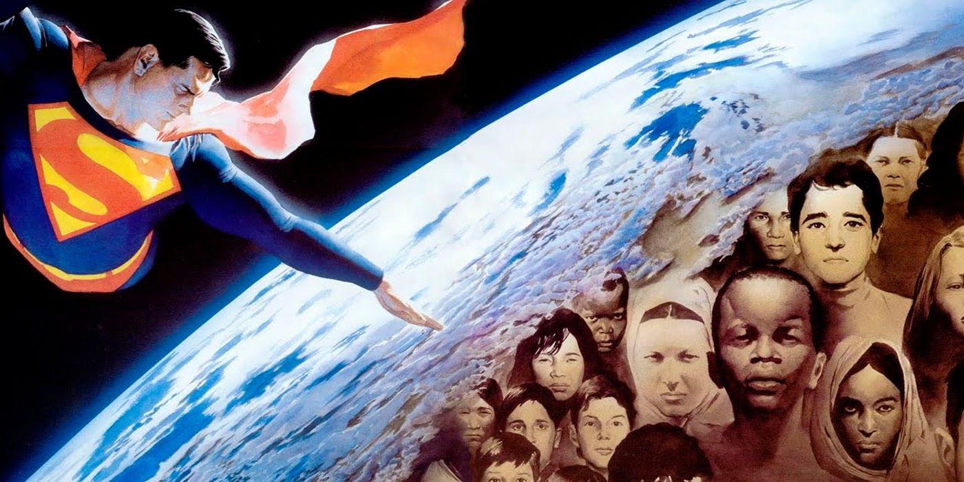 Superman flies above the planet in Peace on Earth comic book.