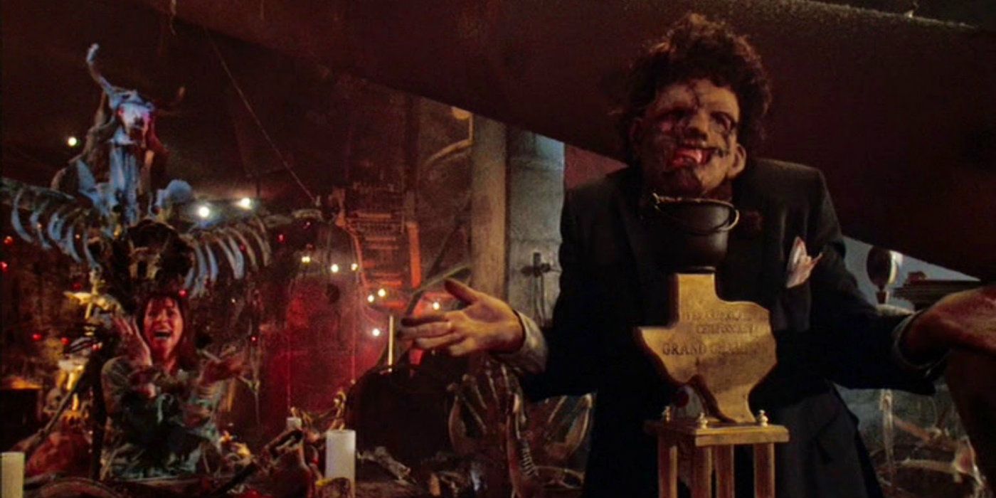 Leatherface shrugging in The Texas Chainsaw Massacre 2