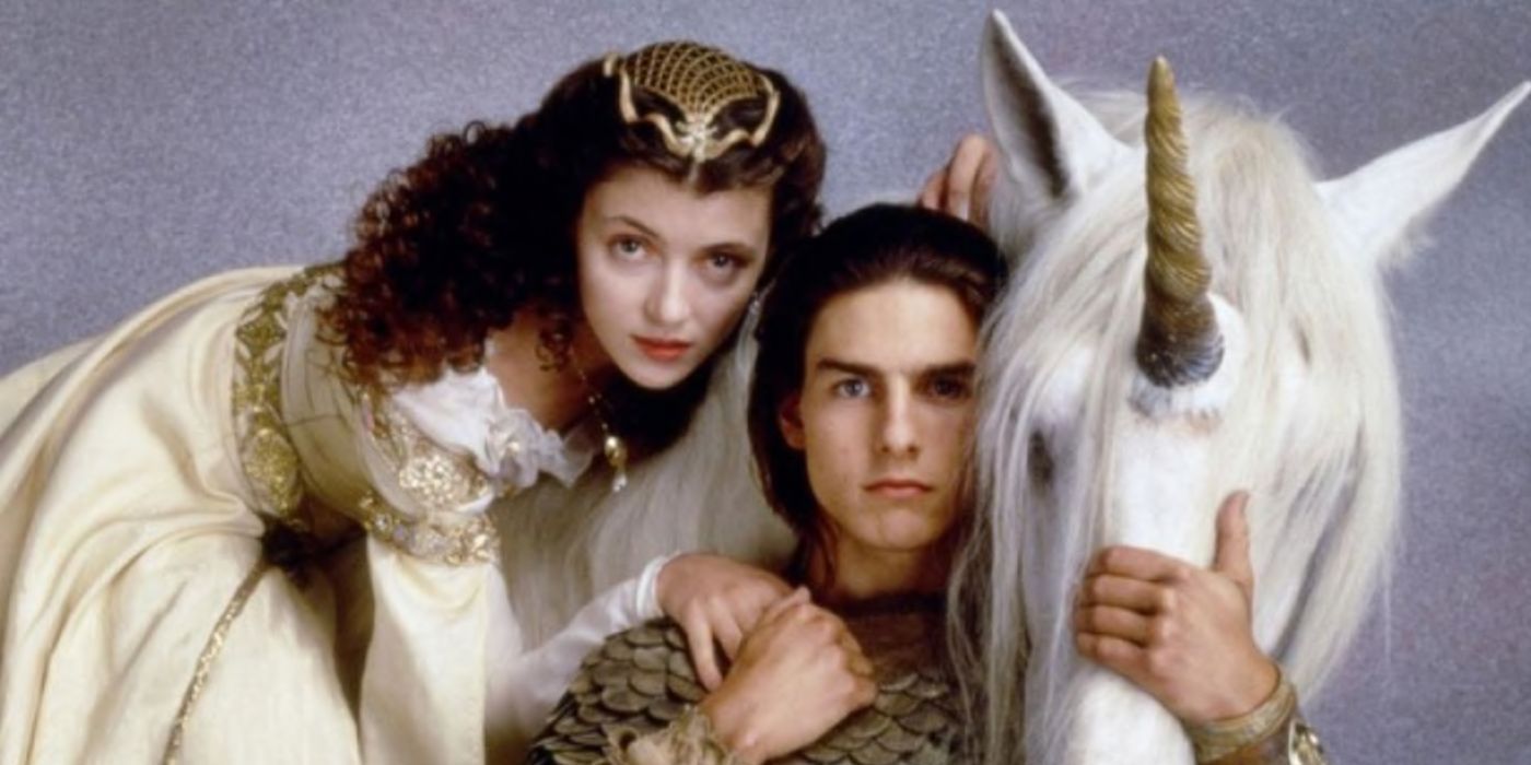 Tom Cruise with a unicorn in a publicity shot for Legend