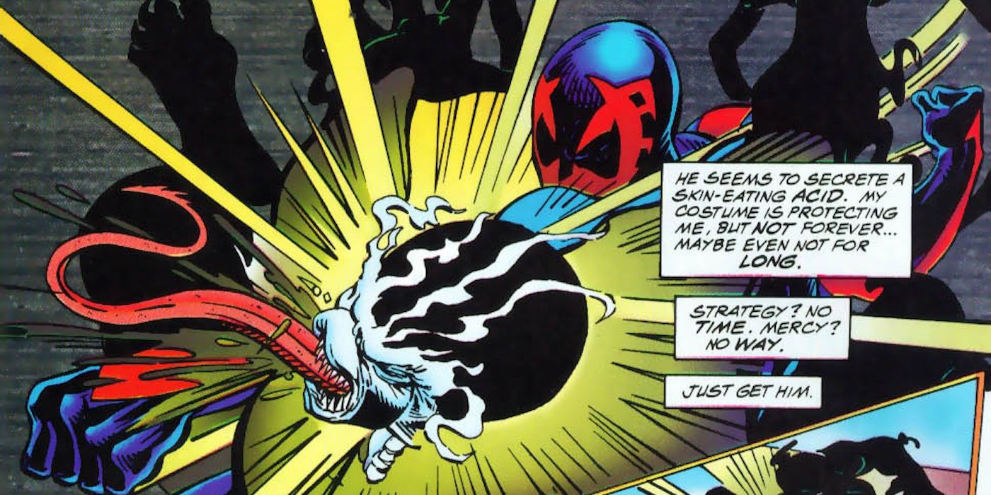 Venom 2099 excretes acid while fighting Spider-Man 2099