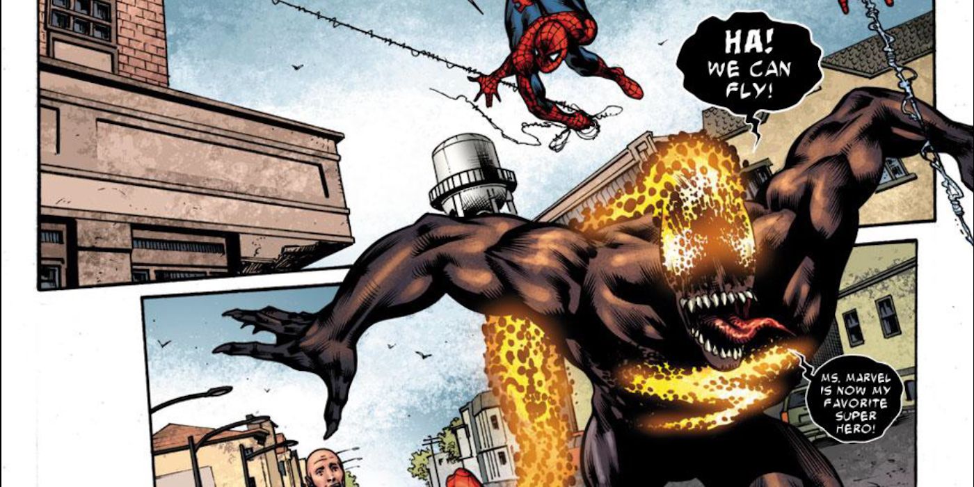 The Venom symbiote gains the ability to fly after attaching to Ms. Marvel