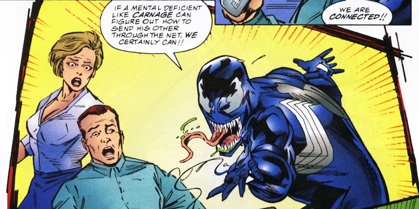 Venom shoots his suit into the internet to battle Carnage in cyberspace