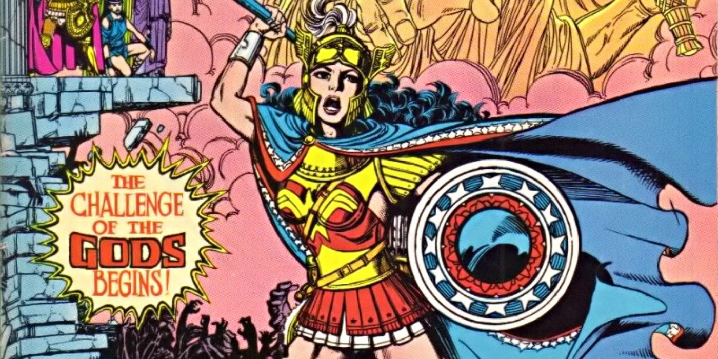 Wonder Woman holding a shield and a sword in Challenge of the Gods