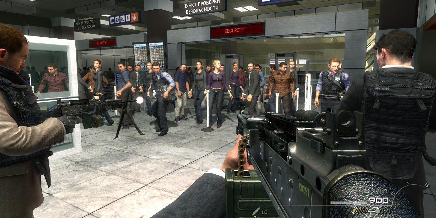First-person view of a shooter pointing at a group of people in CoD Modern Warfare