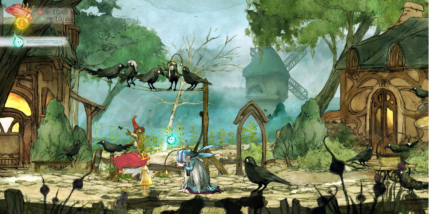 A screenshot from Child of Ligh showing a hand-drown town with ravens