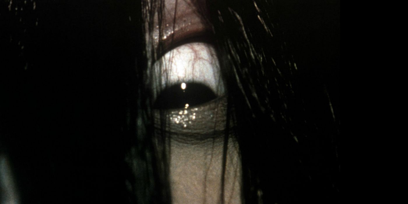 An extreme close-up of Sadako's eye in Ringu.