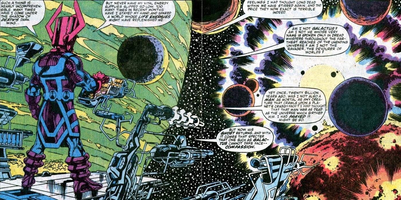 Galactus destroying the Skrull throneworld Tarnax IV in Marvel Comics.