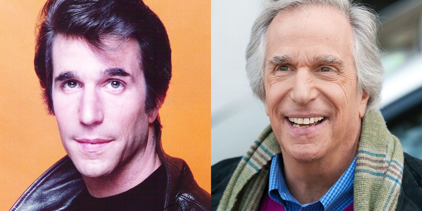 A side by side image of a young Henry Winkler as Fonzi in Happy Days and Henry Winkler smiling in a scarf and checked shirt