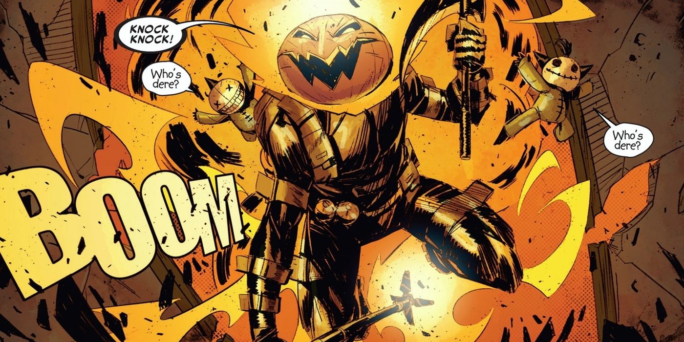 Marvel's Jack-o-Lantern bursts out of an explosion in the comics