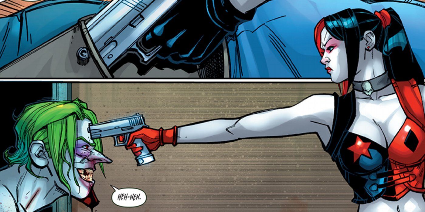 Harley Quinn holds a gun on the Joker