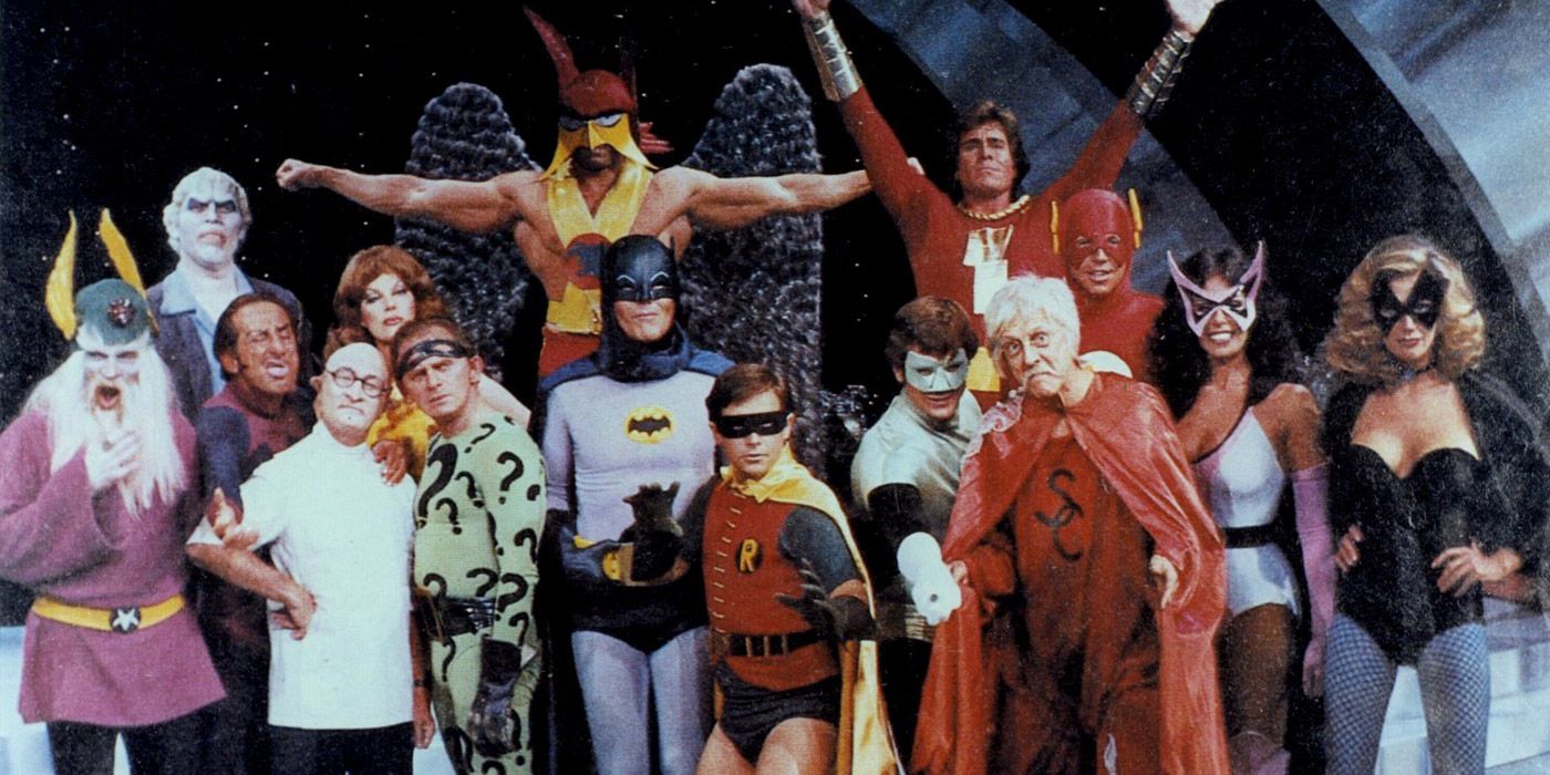 A group of DC superheroes posing in the show Legends of Superheroes