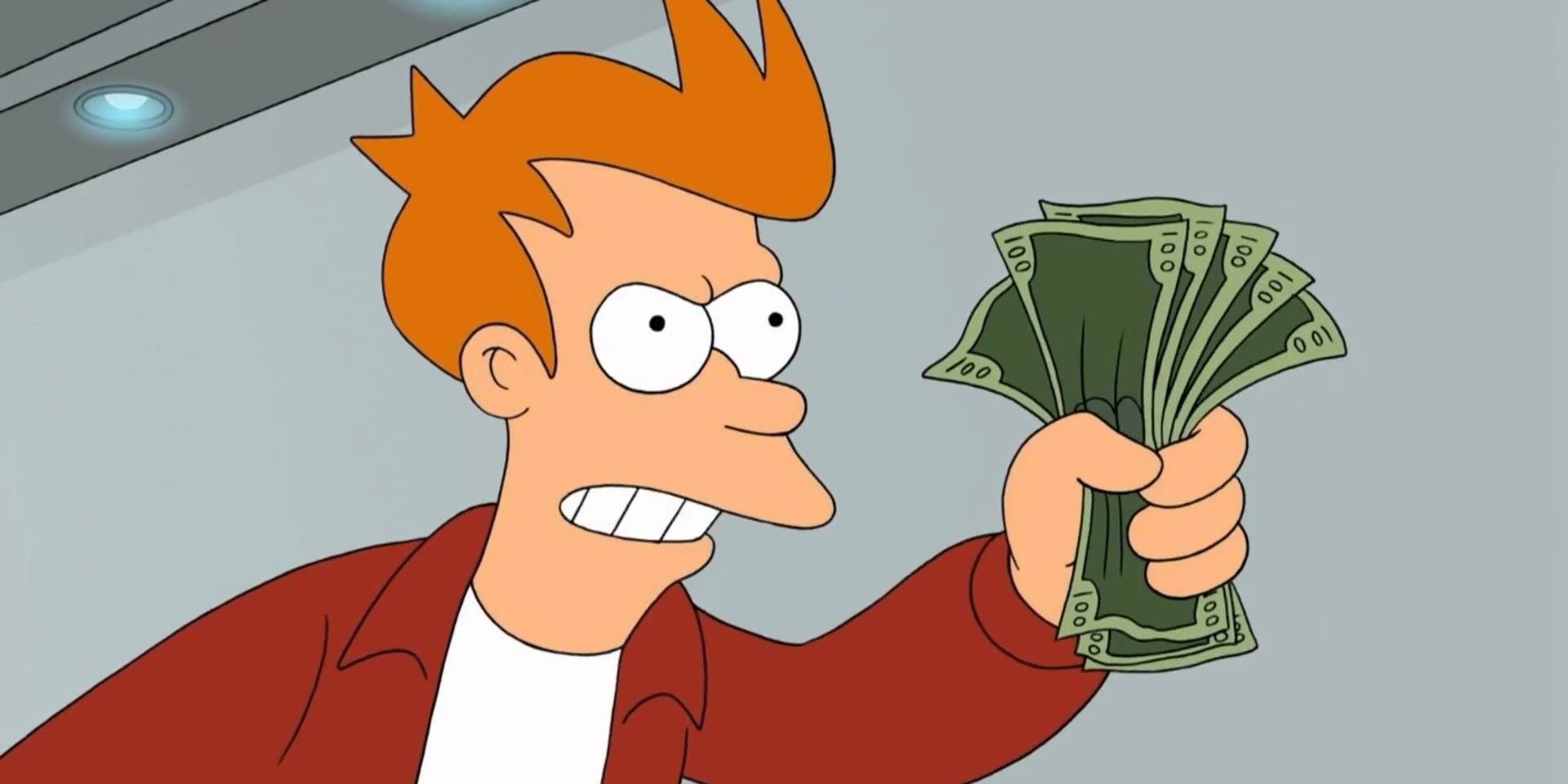 Fry waving cash angrily in Futurama.