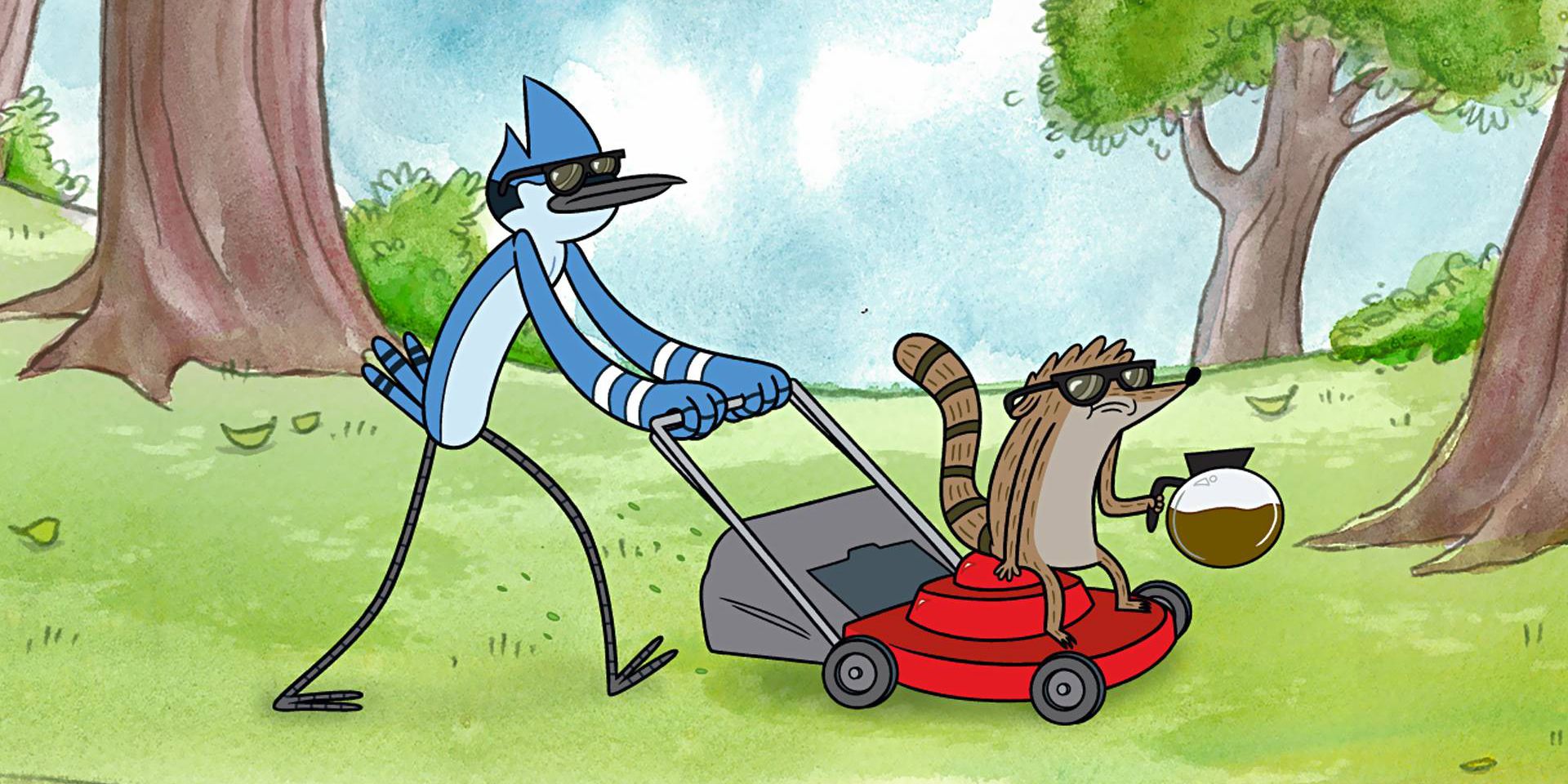 Mordecai pushes Rigby on a lawnmower in Regular Show