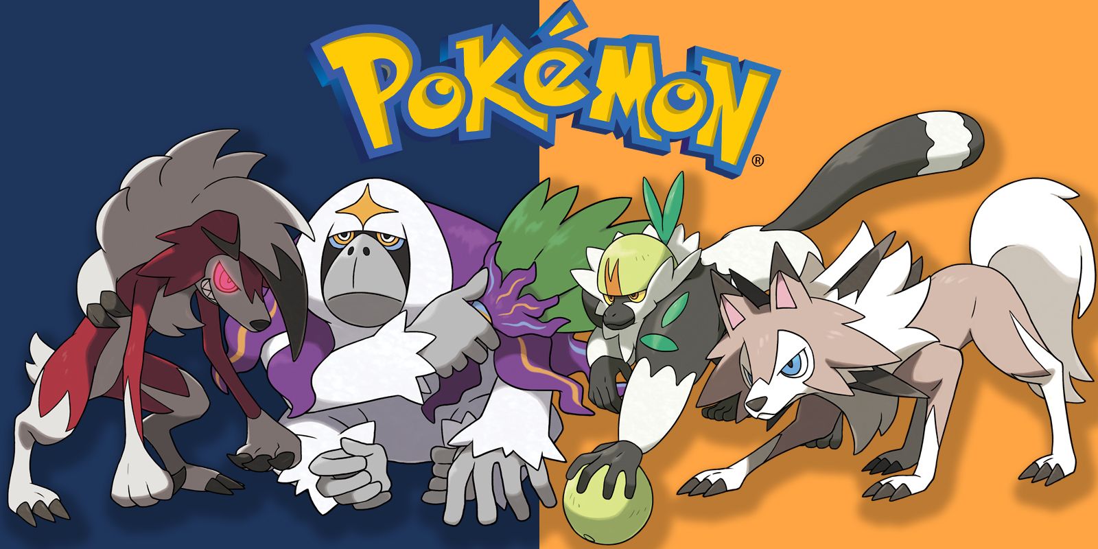 Pokemon Sun and Moon new additions Lycanroc (Midnight), Organguru, Passimian, and Lycanroc (Midday)