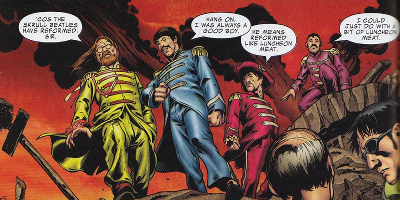 The Skrull Beatles reunion in their Sgt. Pepper outfits.