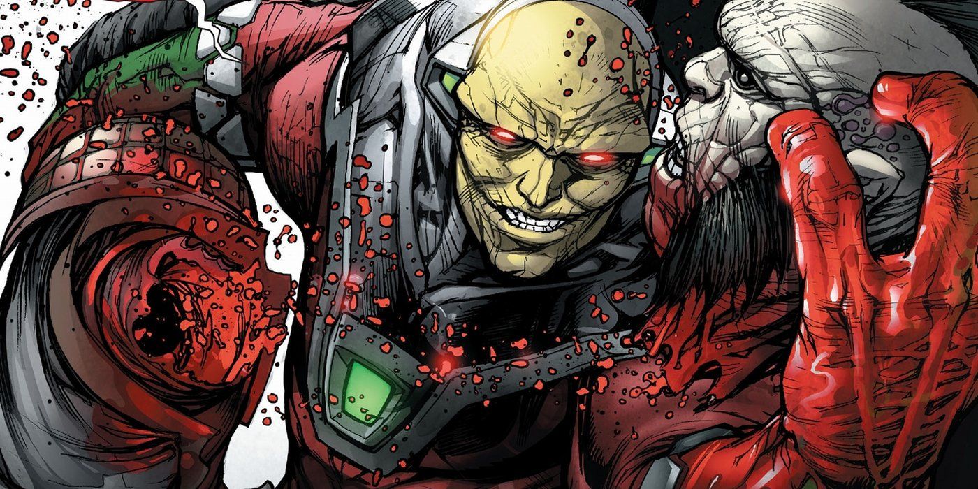 DC Comics' villain Mongul holding a character's head that he just removed from his body, blood on Mongul's hand and flowing from where the head should have been