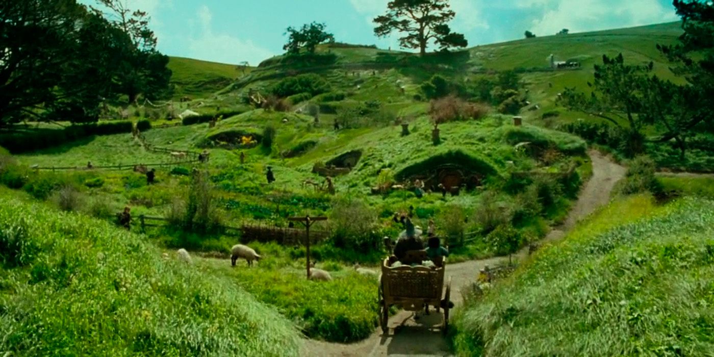 Gandalf drives his cart through Hobbiton in The Lord of the Rings.