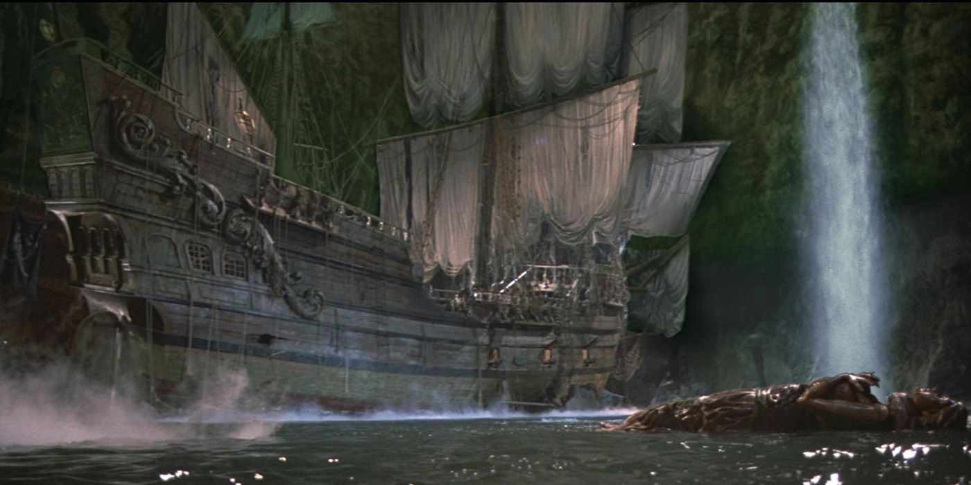 One-Eyed Willy's ship the Inferno anchored in a cove in The Goonies