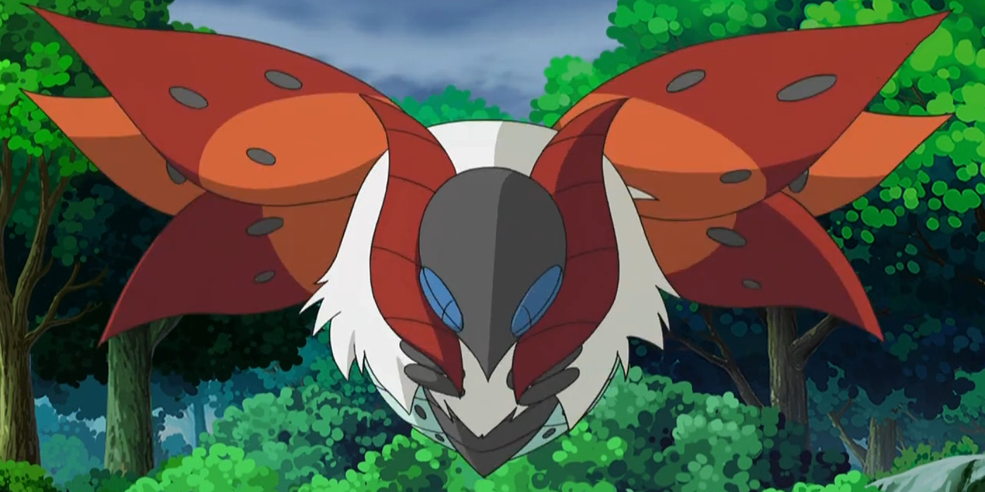 Volcarona flies in the forest in the Pokemon anime.