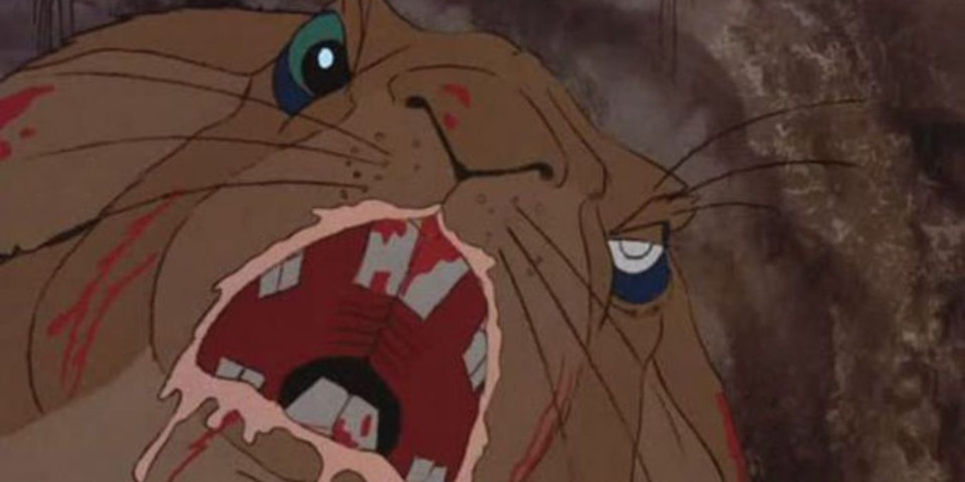 A rabbit with its mouth open in a still from Watership Down