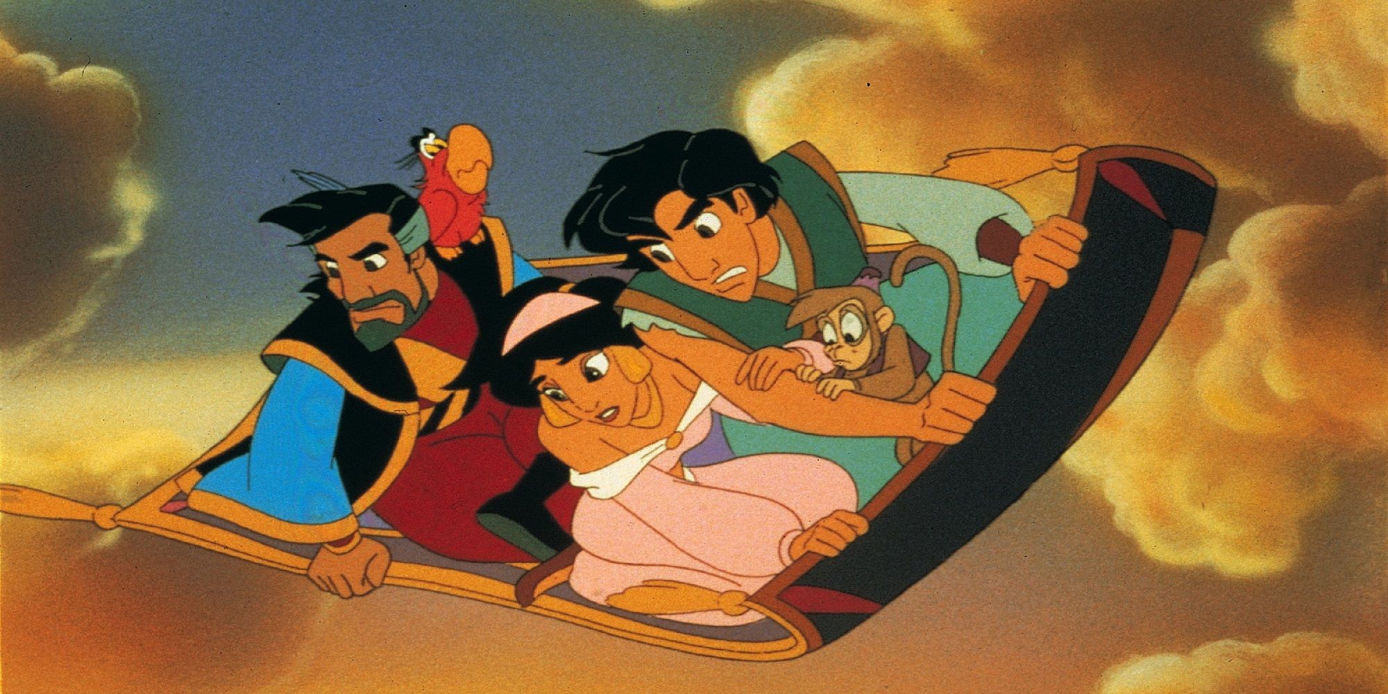 Aladdin and Jasmine with Abu, Iago, and Cassim on the magic carpet in Aladdin and the King Thieves