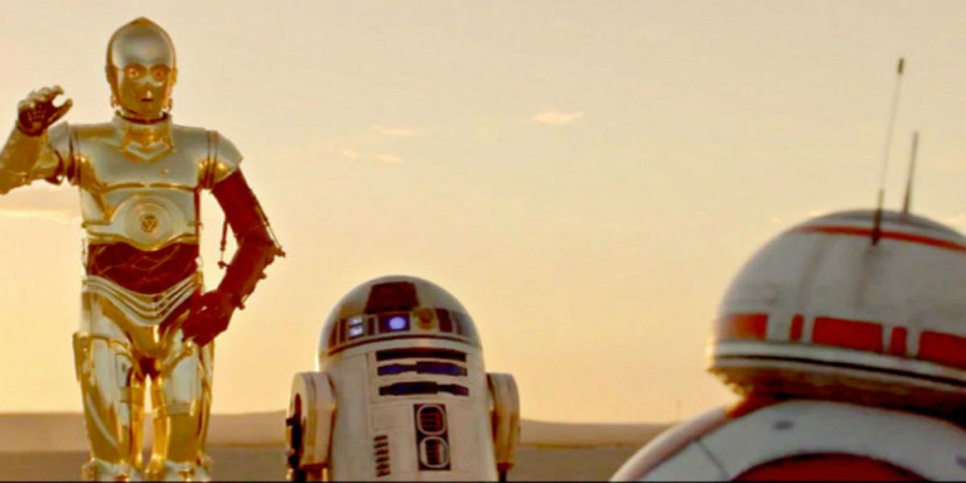 C-3PO R2-D2 and BB-8 meet in The Force Awakens