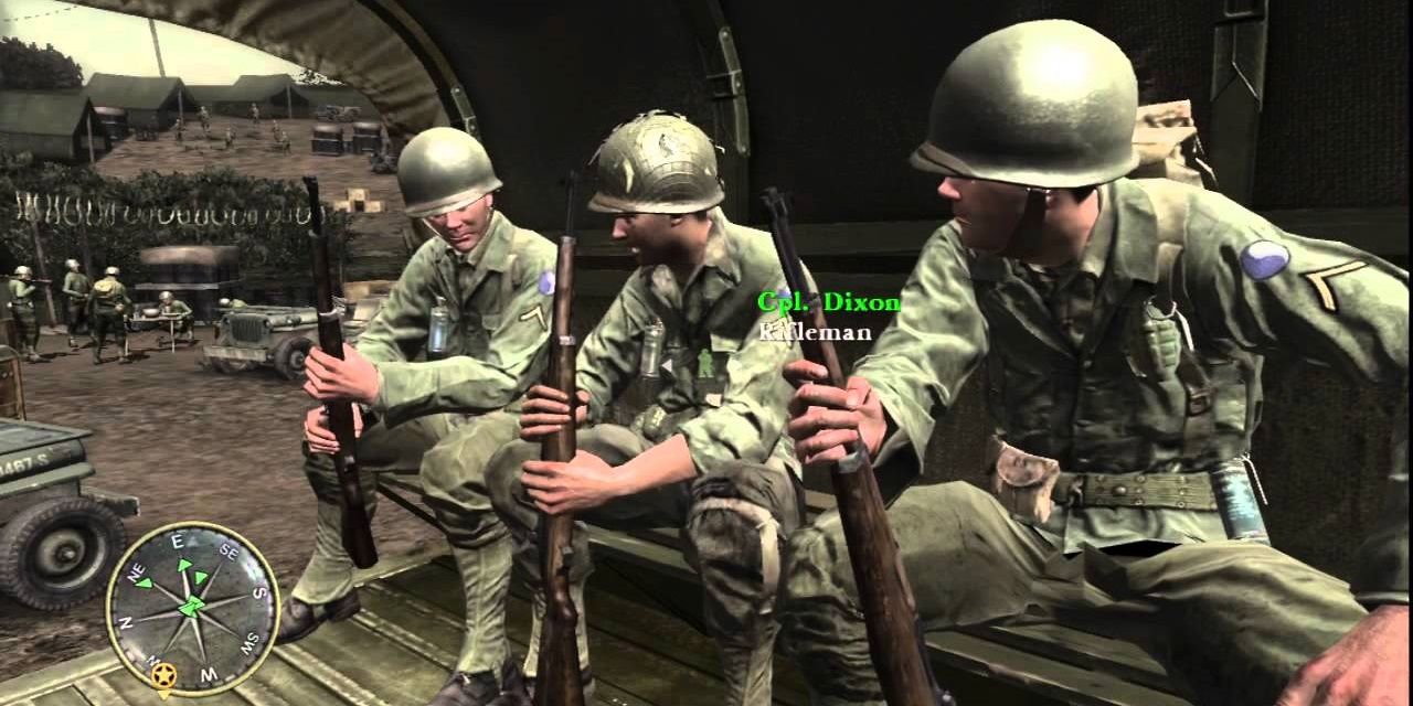 An image of soldiers talking to each other in the back of a truck in Call of Duty 3. They are seen to be wearing army green