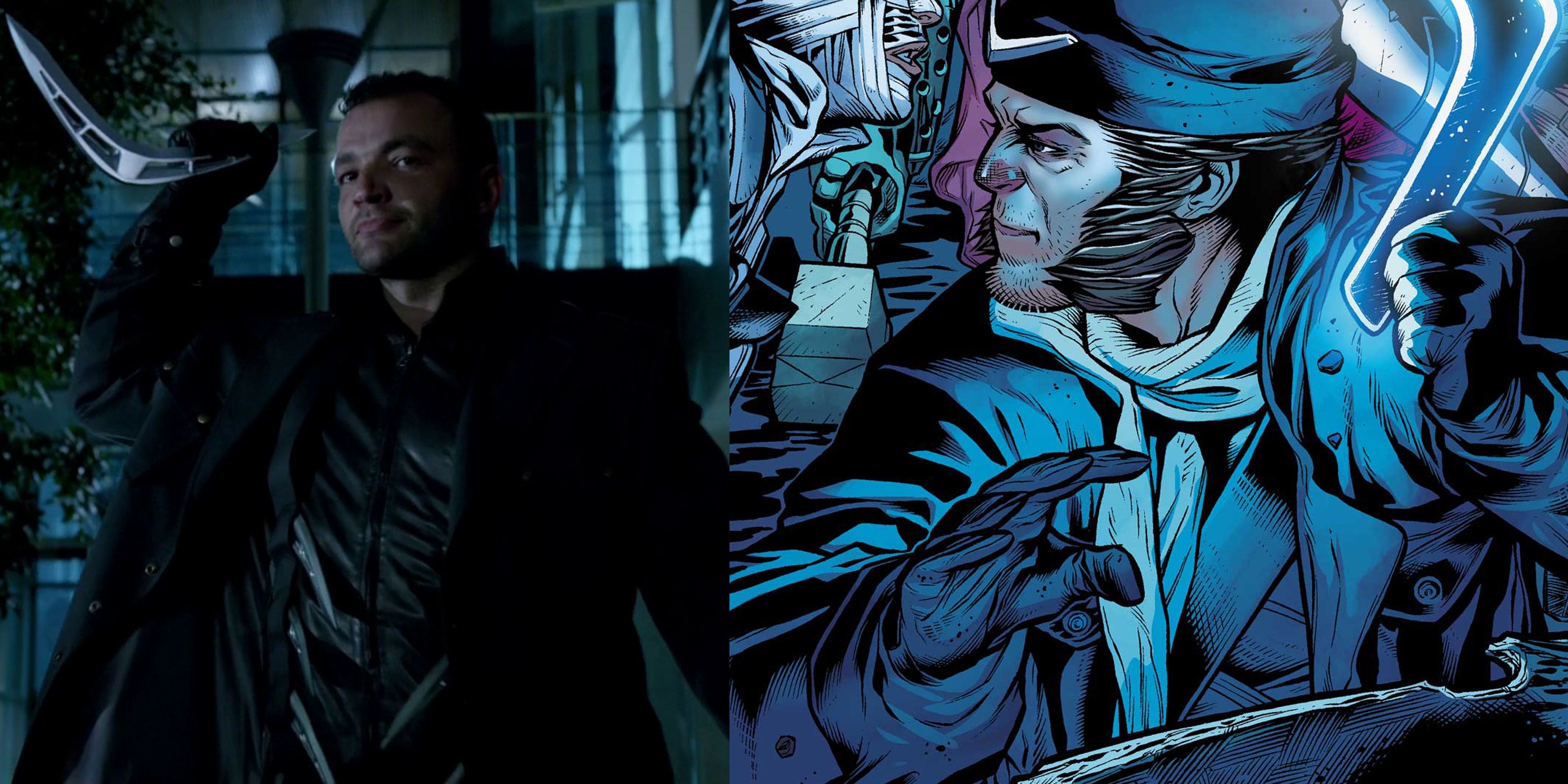 Split image of Captain Boomerang from Arrow series and DC Comics