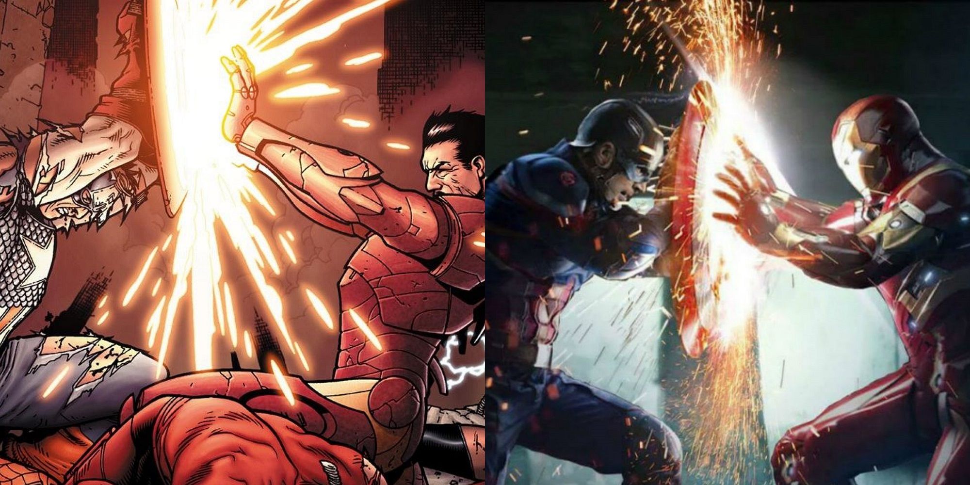 Comparação em quadrinhos do Capitão América e do Homem de Ferro da Guerra Civil
