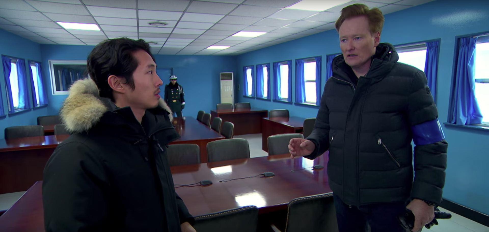 Conan O'Brien and Steven Yeun at the DMZ