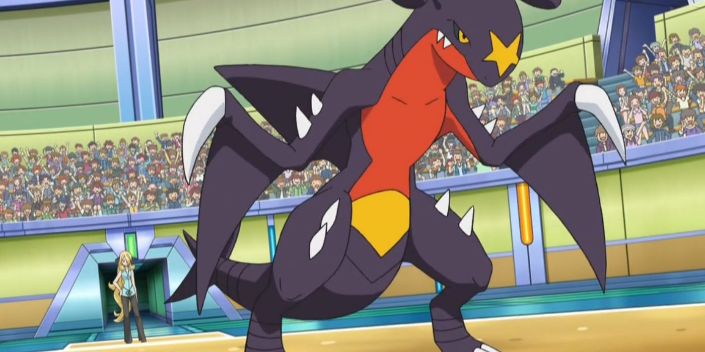 Cynthia enviando seu Garchomp para a batalha no anime Pokémon
