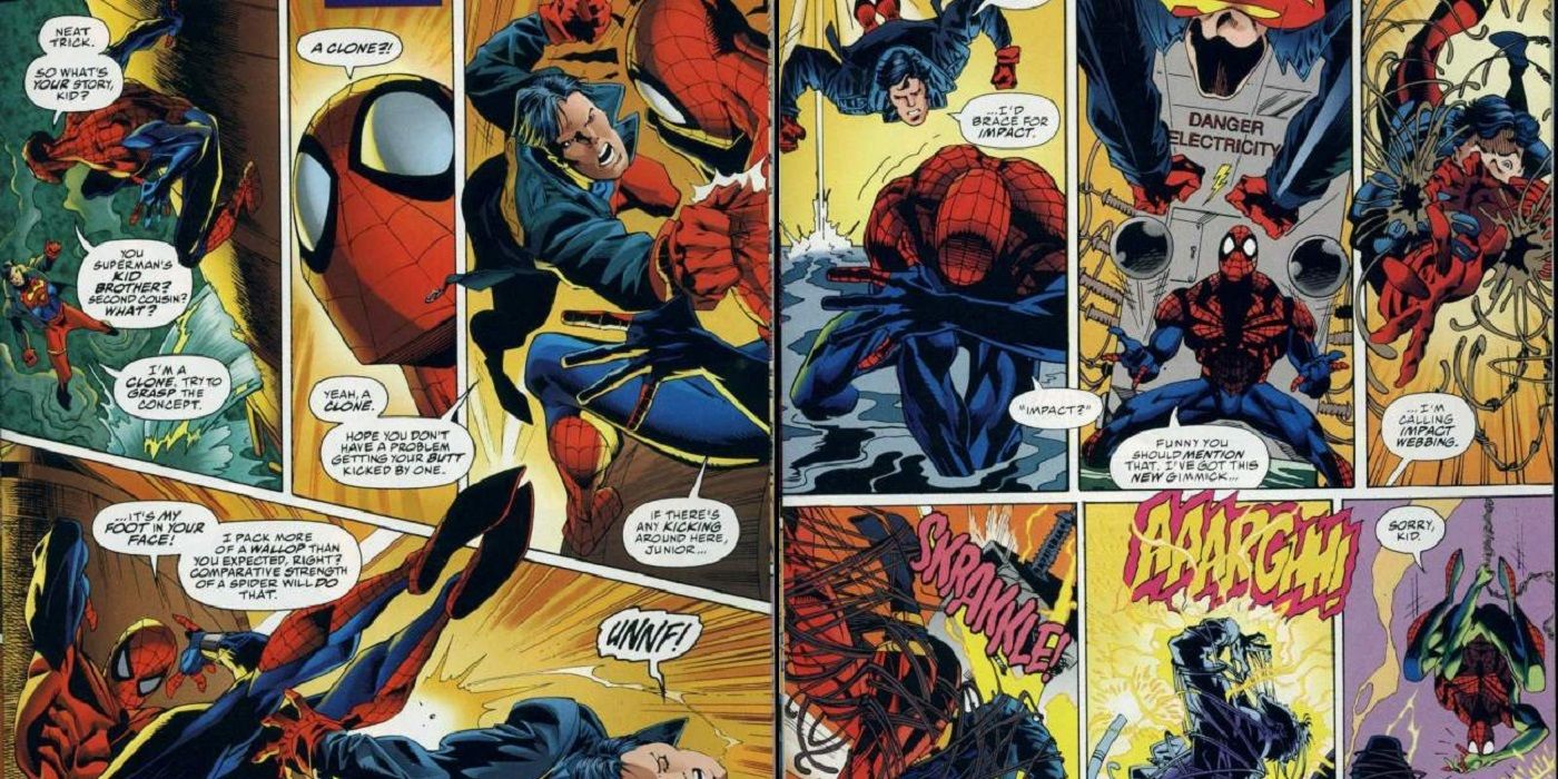 DC vs Marvel comic crossover where Spider-Man defeats Superboy